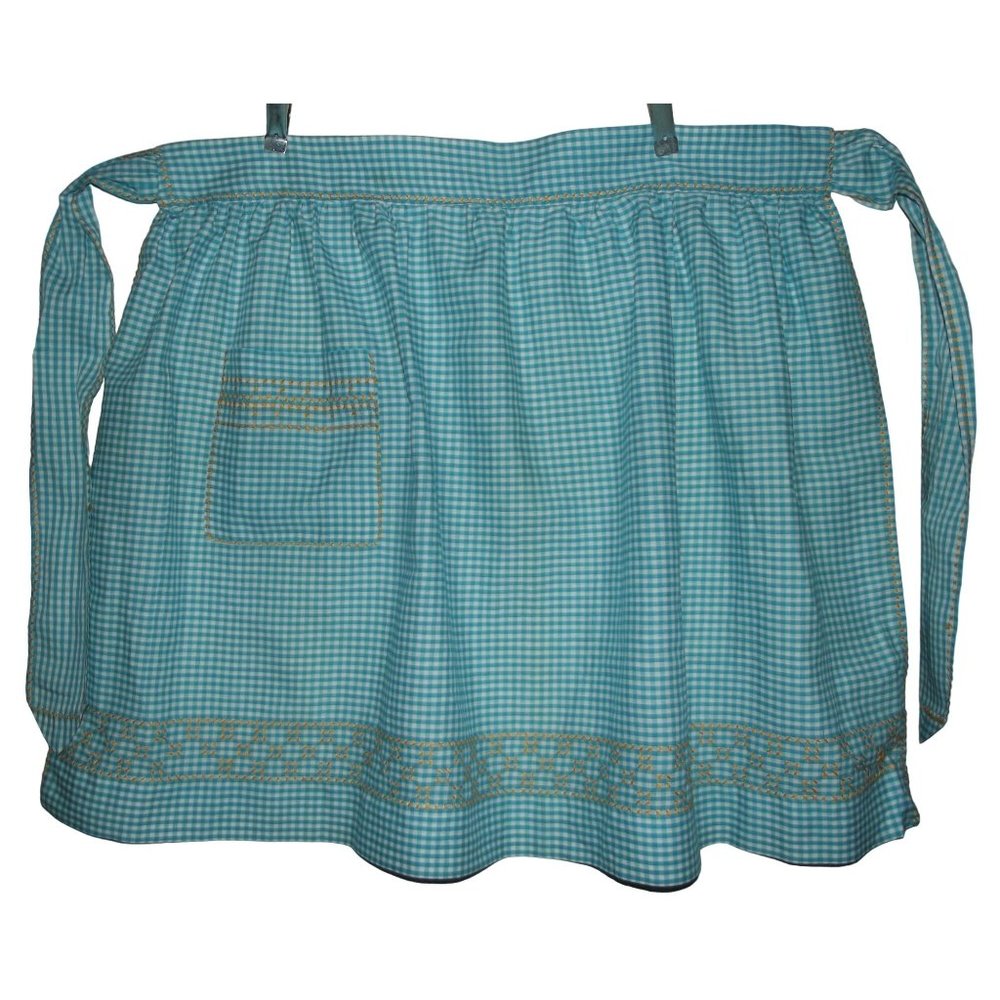Vtg Half Apron Turquoise Blue White Gingham Check Print pockets tie back gold